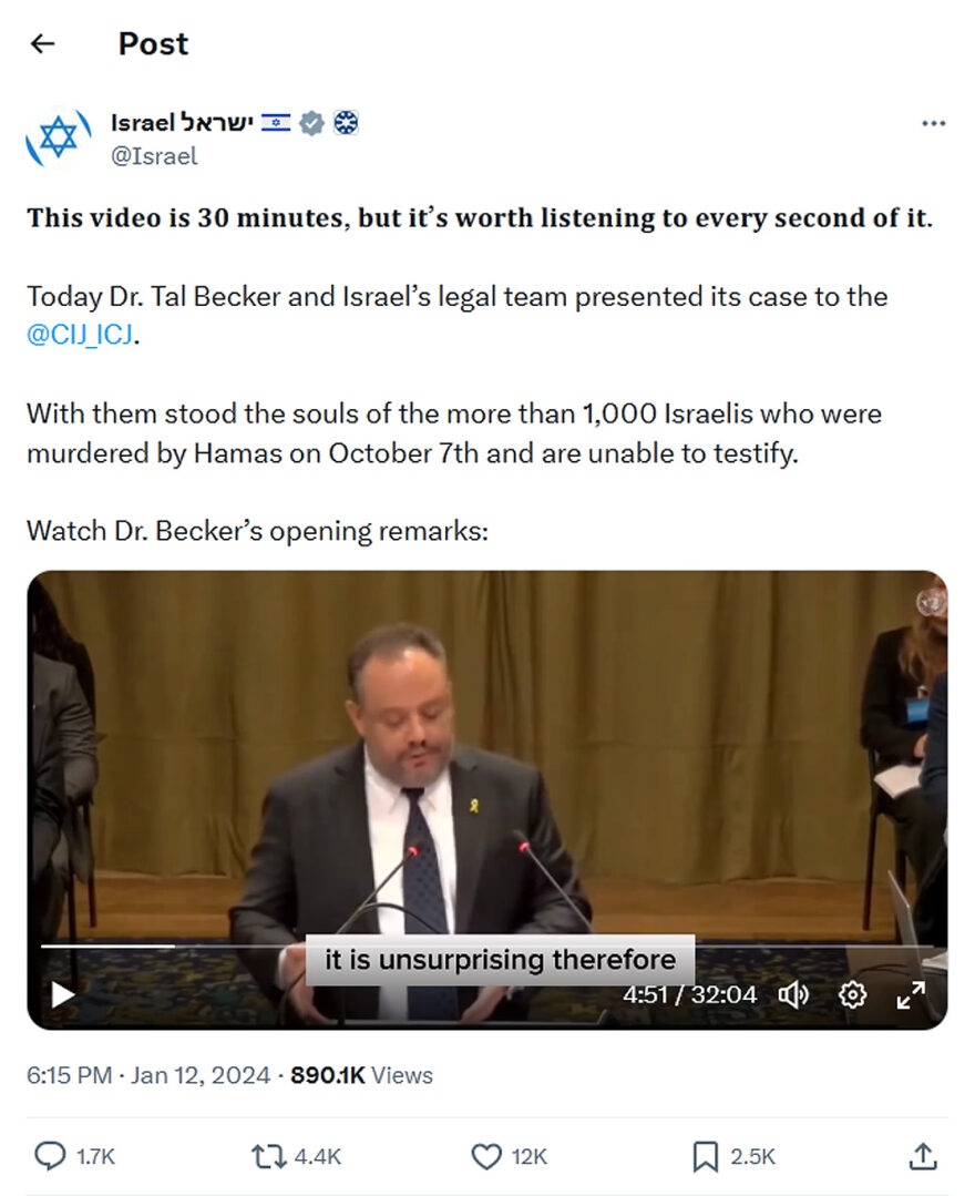 Israel-tweet-12January2024-Dr Tal Becker legal case at ICJ