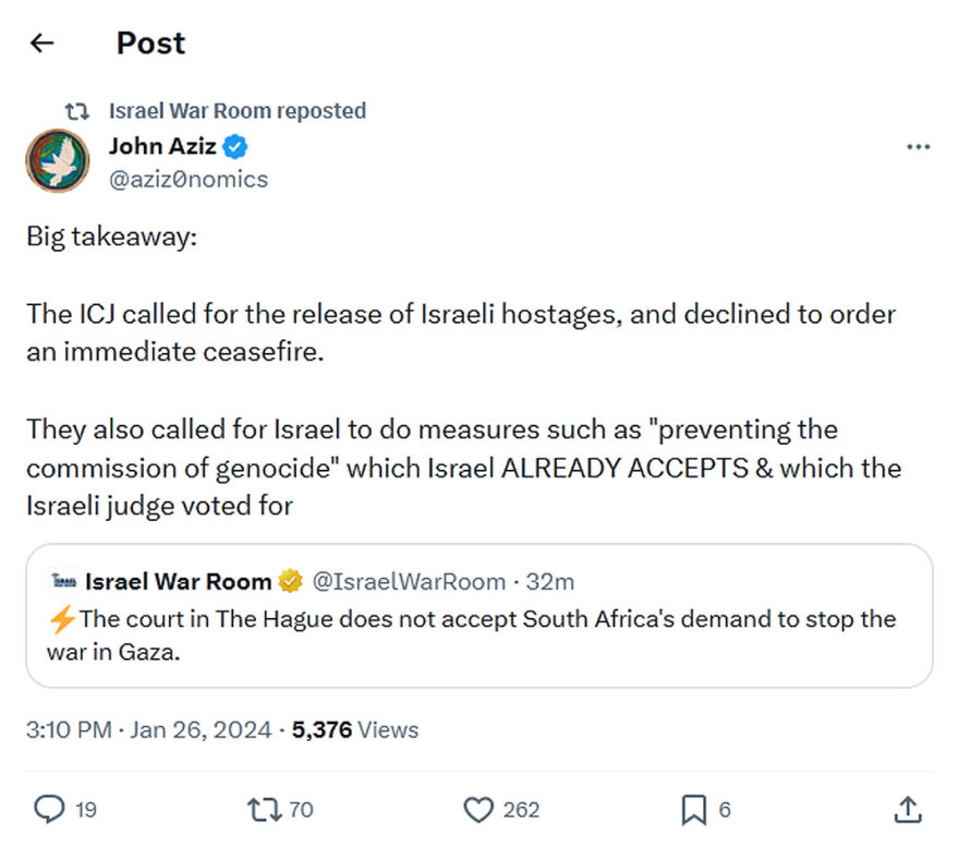 John Aziz-tweet-26January2024-The ICJ called for the release of Israeli hostages