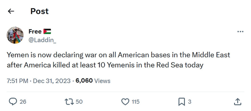 Laddin-tweet-31December2023-Yemen is now declaring war on all American bases in the Middle East