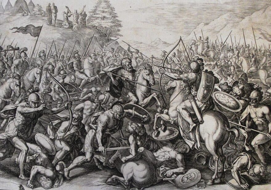 Illustration from Phillip Medhurst Collection depicting Joshua fighting Amalek (Exodus 17).