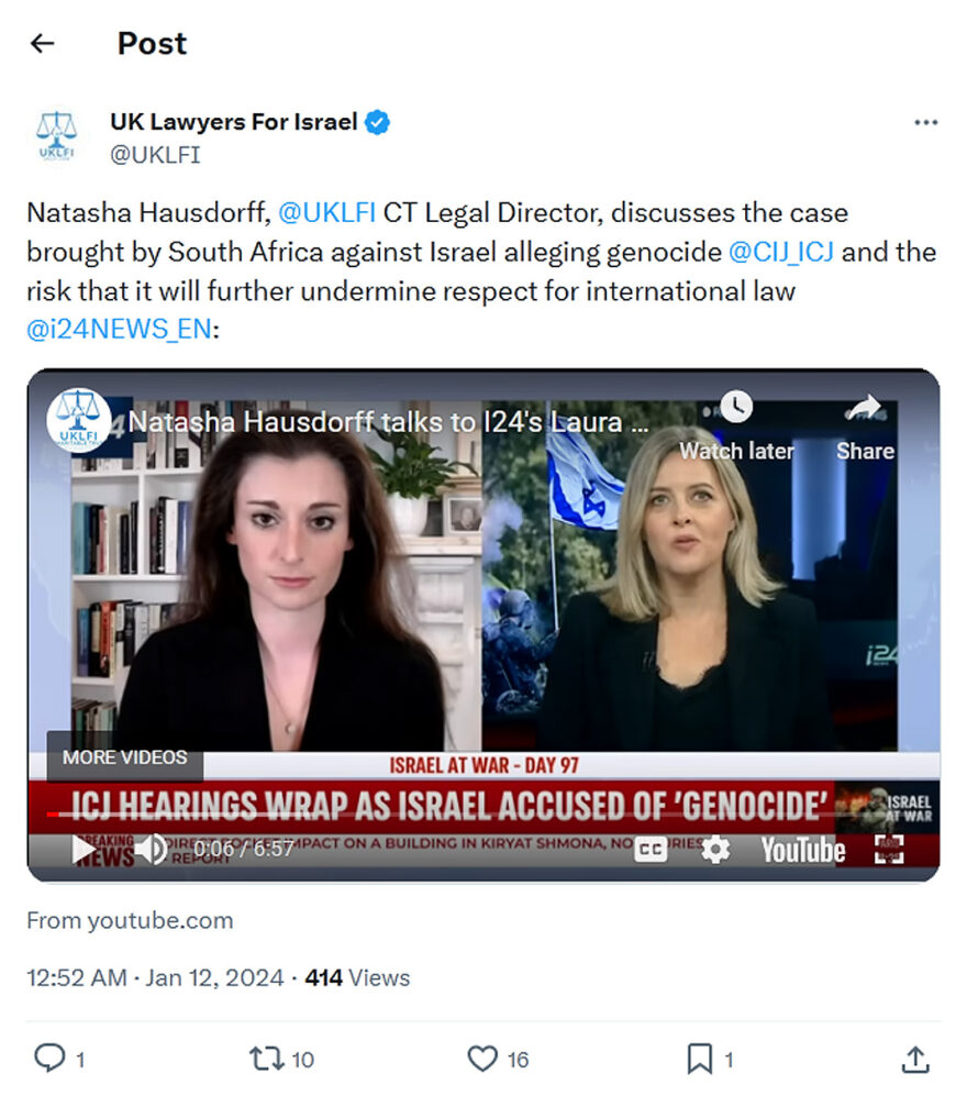 UK Lawyers For Israel-tweet-11January2024-South Africa Lawfare against Israel