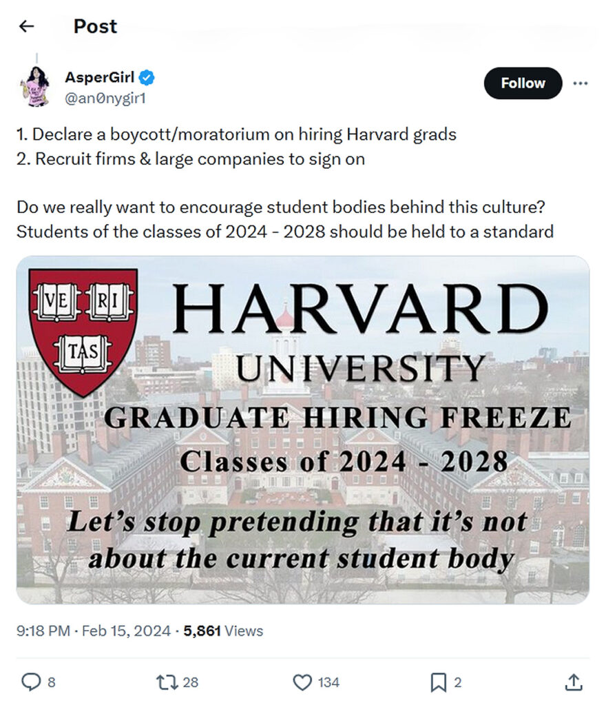 AsperGirl-tweet-15February2024-Harvard Graduate Hiring Freeze