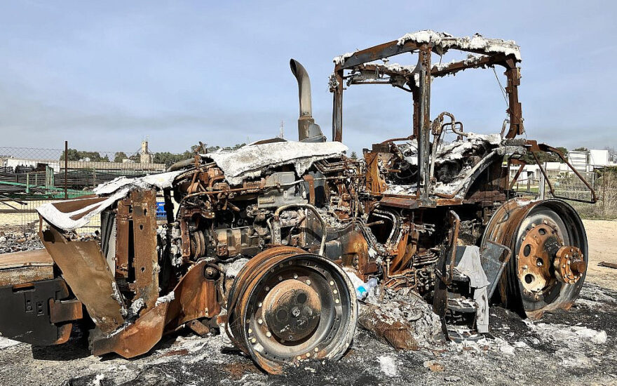 Credit: ReGrow Israel - A burnt tractor at kibbutz Nahal Oz