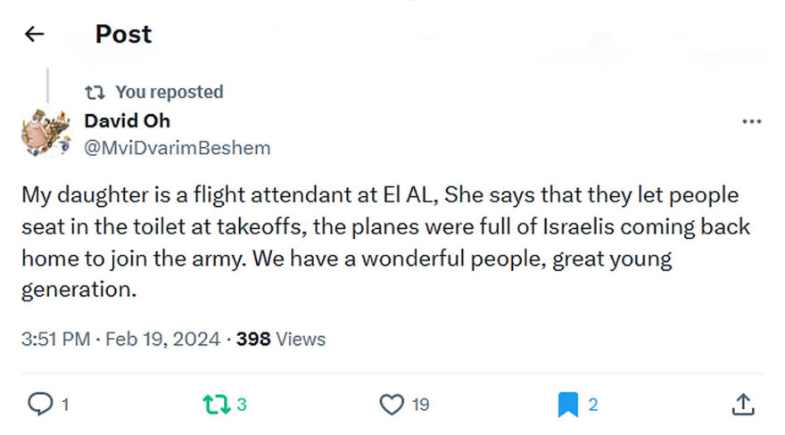 David Oh-tweet-19February2024-My daughter is a flight attendant at El AL