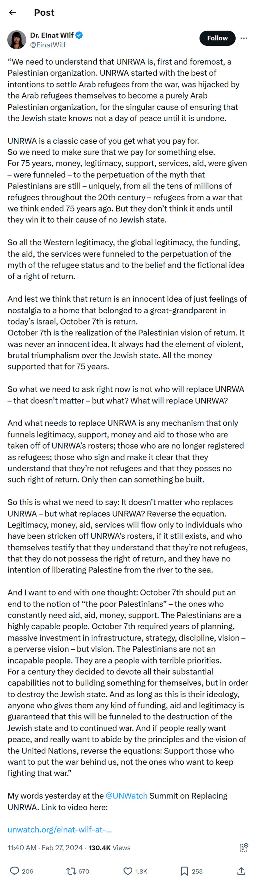 Dr. Einat Wilf-tweet-27February2024-We need to understand that UNRWA is Palestinian