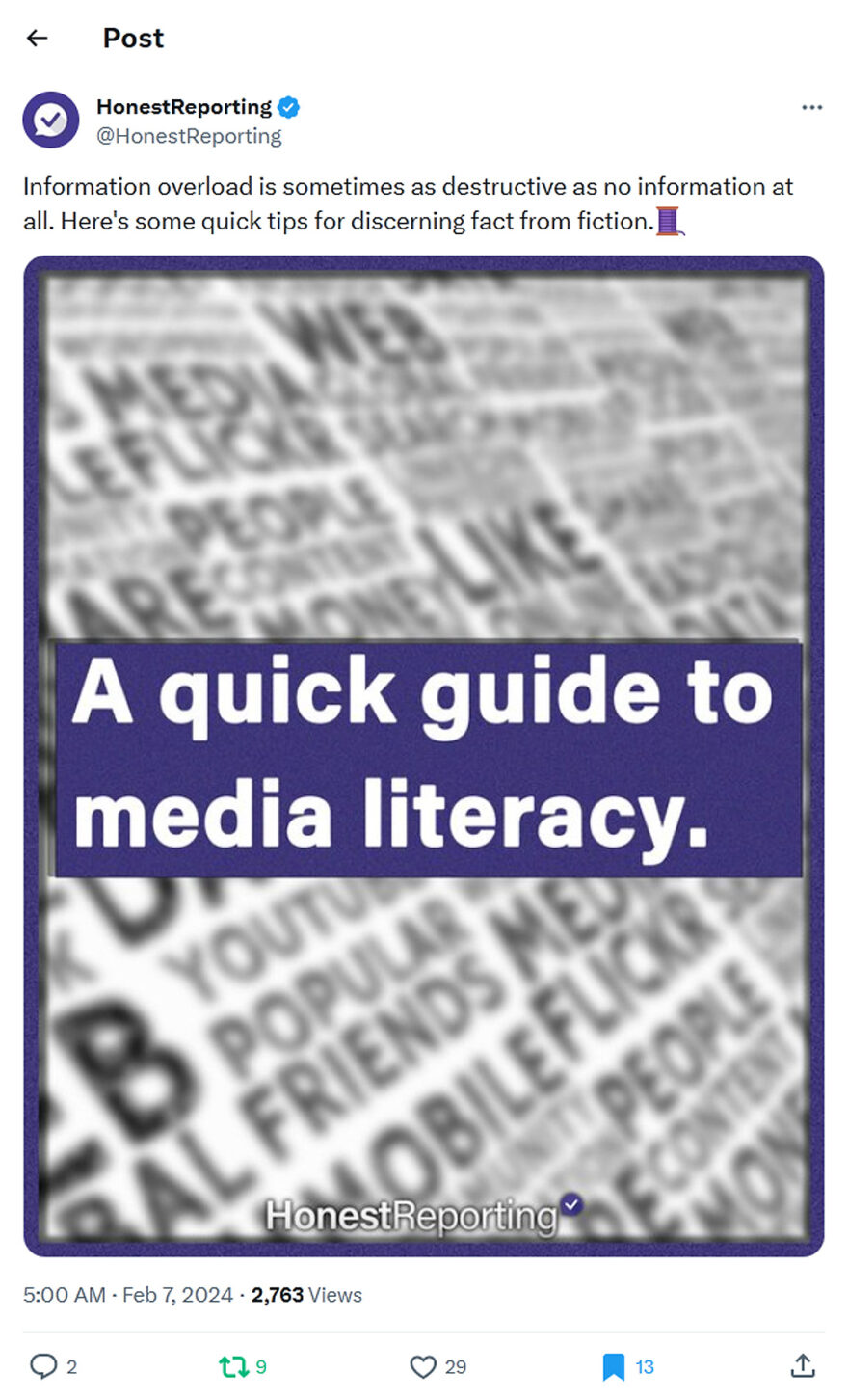 HonestReporting-tweet-7February2024-quick guide to media literacy