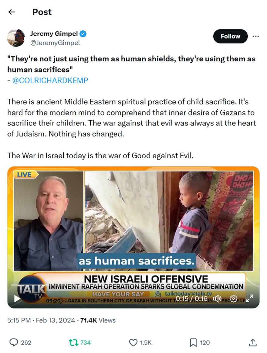 Jeremy Gimpel-tweet-13February2024-Hamas-The practice of child sacrifice
