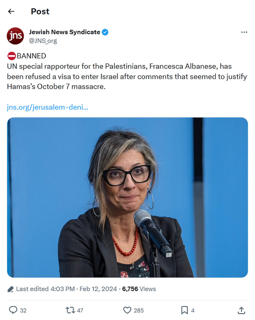 Jewish News Syndicate-tweet-12February2024-UN special rapporteur BANNED.png