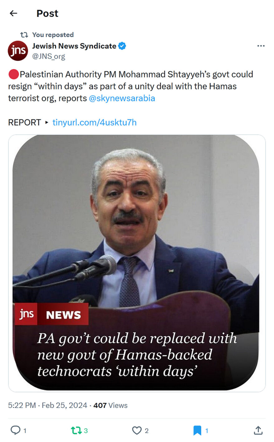 Jewish News Syndicate-tweet-25February2024-Palestinian Authority replaced by Hamas