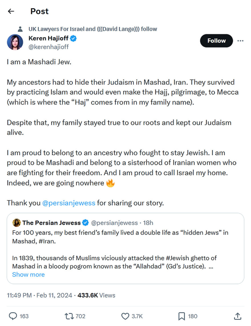 Keren Hajioff-tweet-11February2024-I am a Mashadi Jew