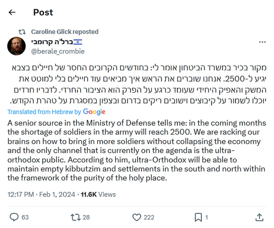 berale_crombie-tweet-1February2024-ultra-Orthodox will maintain empty kibbutzim and settlements