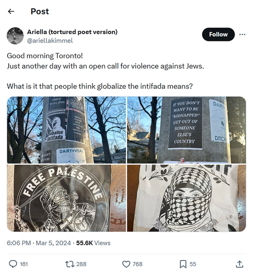 Ariella-tweet-5March2024-open call for violence against Jews in Toronto
