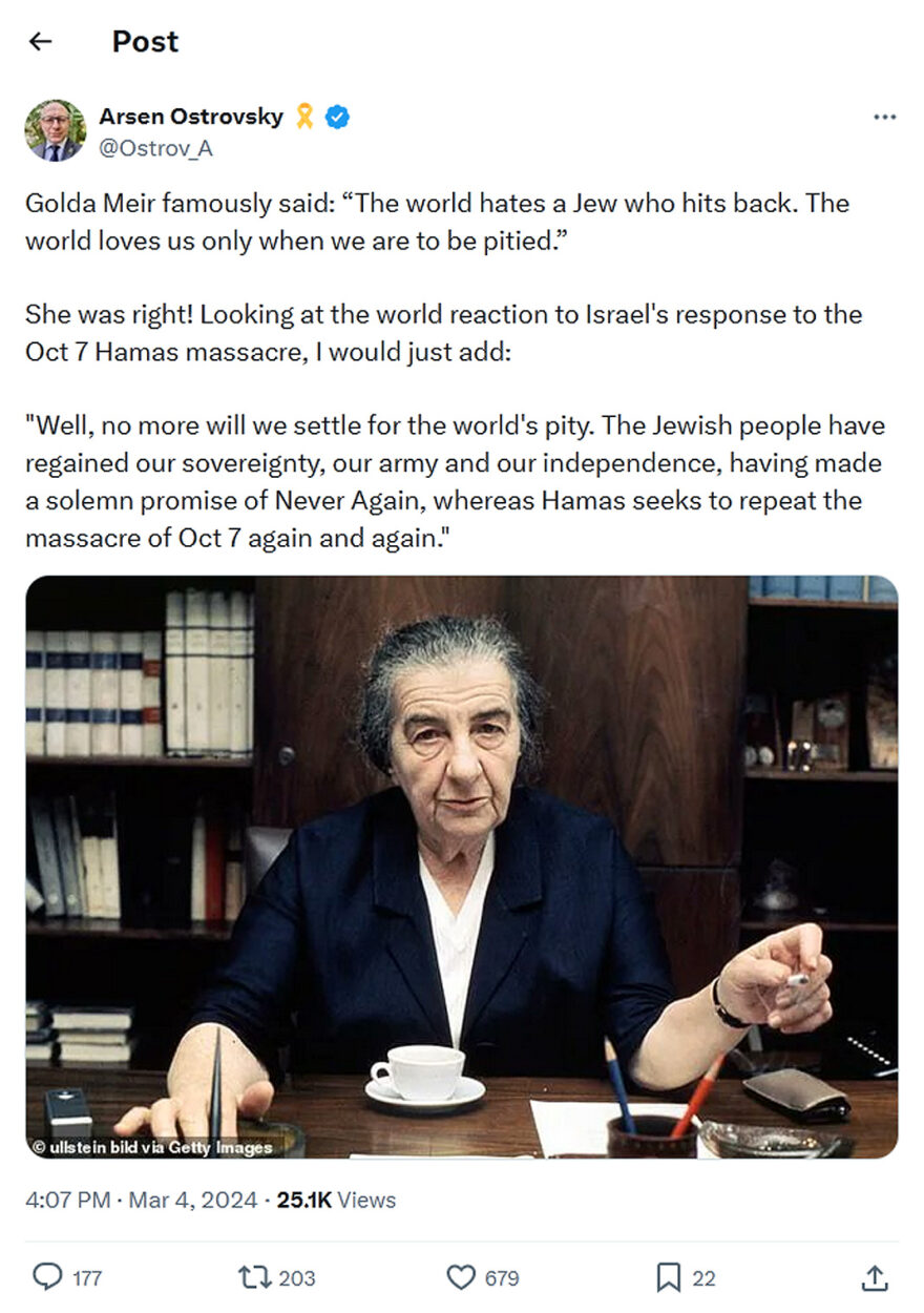 Arsen Ostrovsky-tweet-4March2024-Golda Meir "The Jewish people have regained our sovereignty"