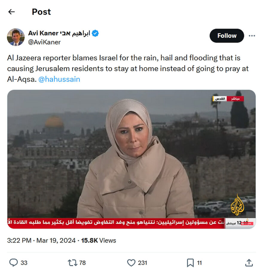 Avi Kaner-tweet-19March2024-Al Jazeera blames Israel for the rain