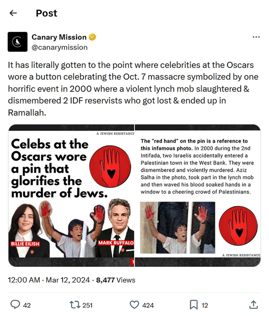 Canary Mission-tweet-11March2024-celebrities at the Oscars wore a button celebrating the Oct. 7 massacre