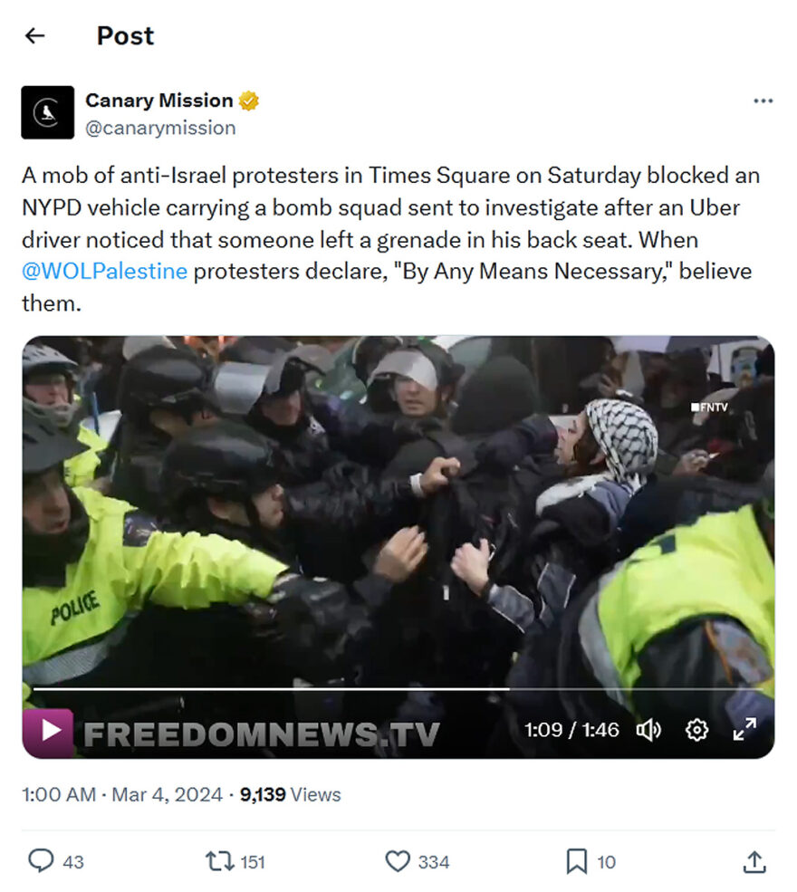 Canary Mission-tweet-3March2024-New York City-WOLPalestine with Hand Grenade