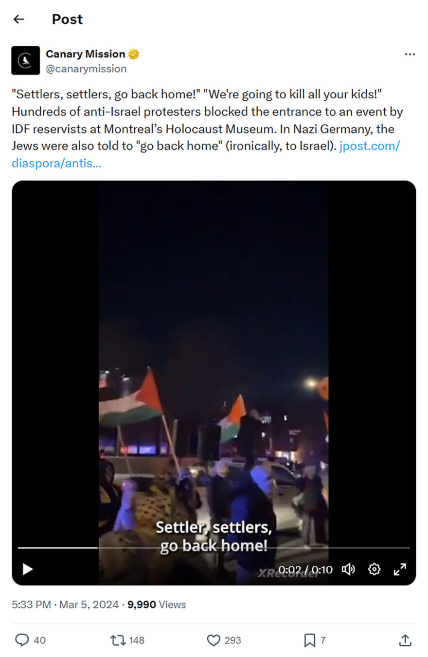 Canary Mission-tweet-5March2024-Hamas supporters block Montreal’s Holocaust Museum