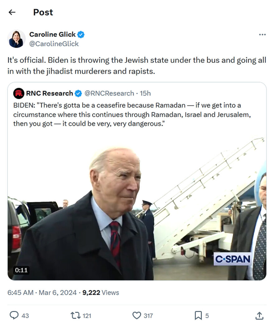 Caroline Glick-tweet-6March2024-Biden is throwing the Jewish state under the bus