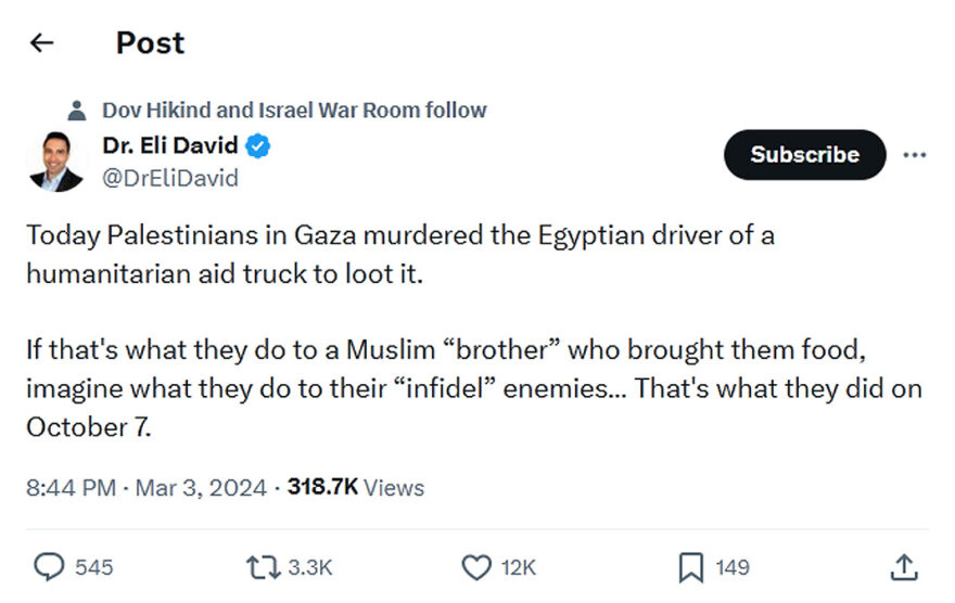 Dr. Eli David-tweet-3March2024-Gaza Palestinians murdered Egyptian humanitarian aid truck driver to loot the Truck.png