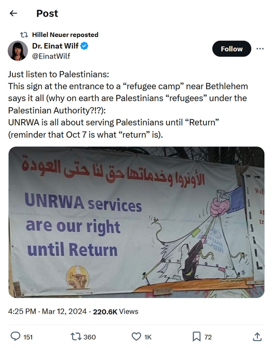 Dr. Einat Wilf-tweet-12March2024-UNRWA is all about serving Palestinians until Return 