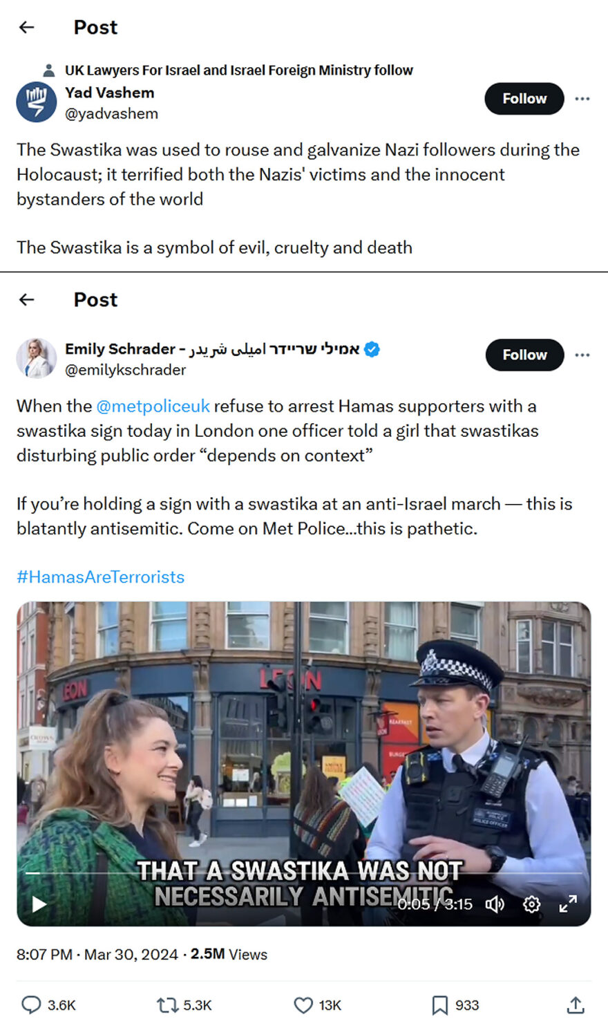 Emily Schrader-tweet-30March2024-swastikas disturbing public order depends on context