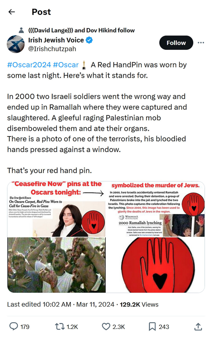 Irish Jewish Voice-tweet-11March2024-Red HandPin stands for murder Jews