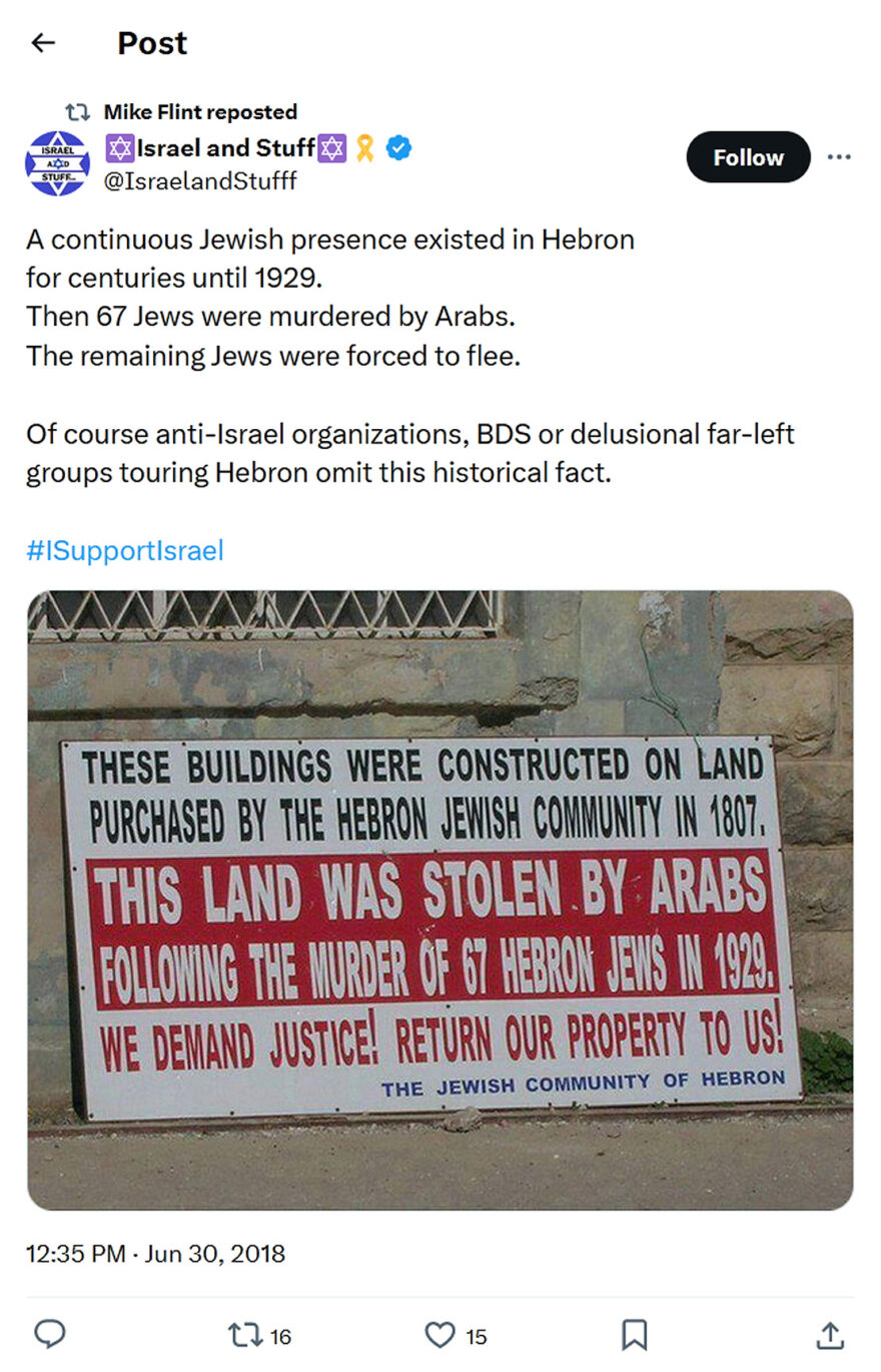 Israel and Stuff-tweet-30June2018-A continuous Jewish presence existed in Hebron