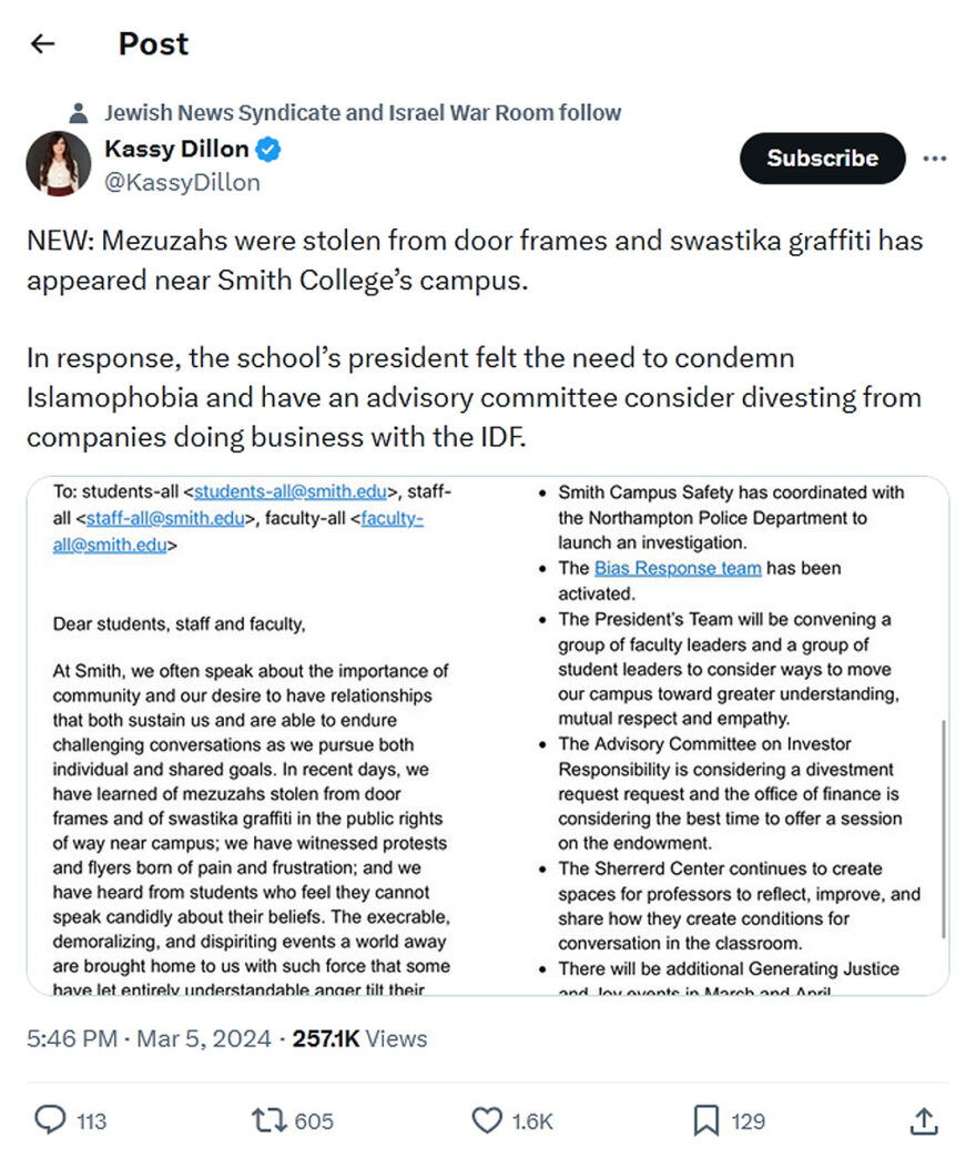 Kassy Dillon-tweet-5March2024-Smith College’s antisemitism problem