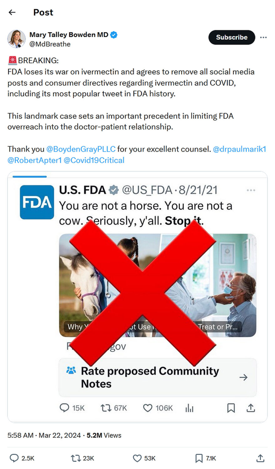 Mary Talley Bowden MD-tweet-22March2024-FDA loses its war on ivermectin