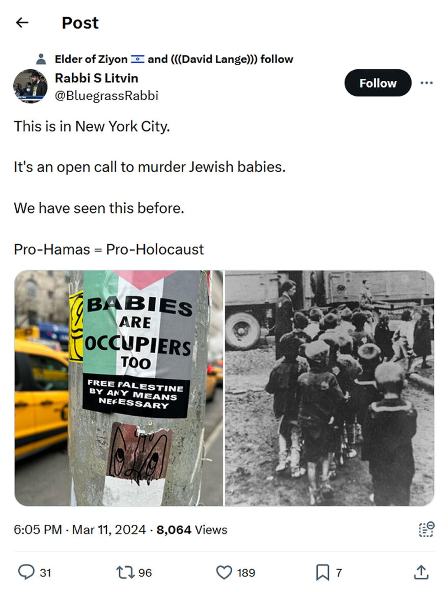 Rabbi S Litvin-tweet-11March2024-open call to murder Jewish babies