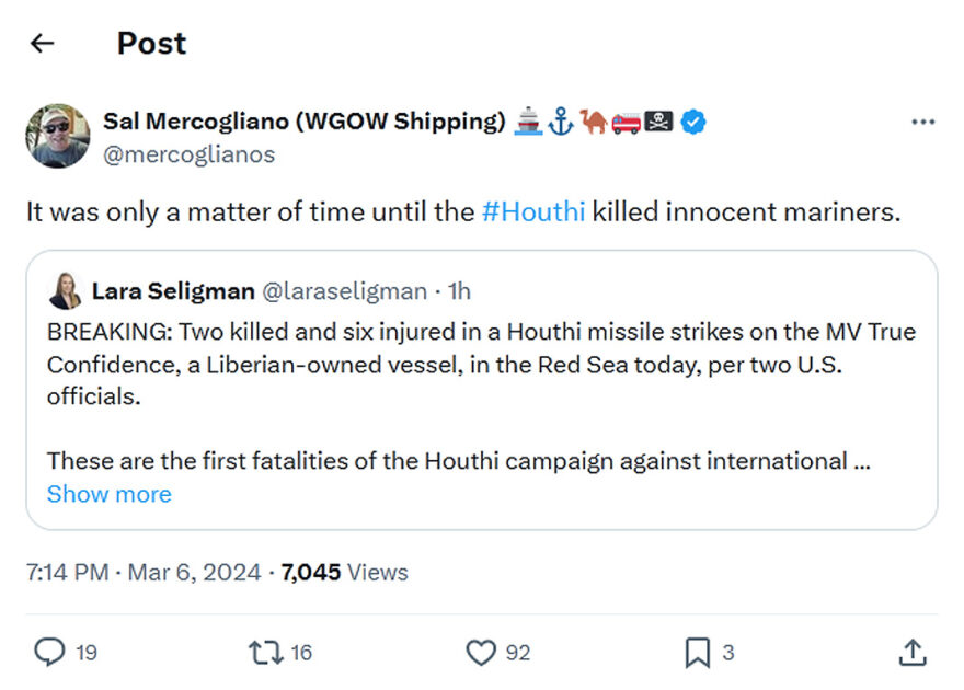 Sal Mercogliano-tweet-6March2024-Houthi killed innocent mariners