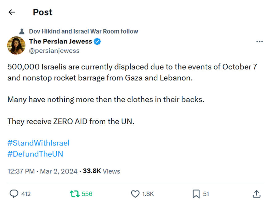 The Persian Jewess-tweet-2March2024-Israeli refugees receive ZERO AID from the UN