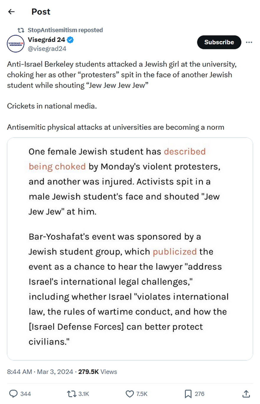 Visegrád 24-tweet-3March2024-Anti-Israel Berkeley students attacked a Jewish girl at the university
