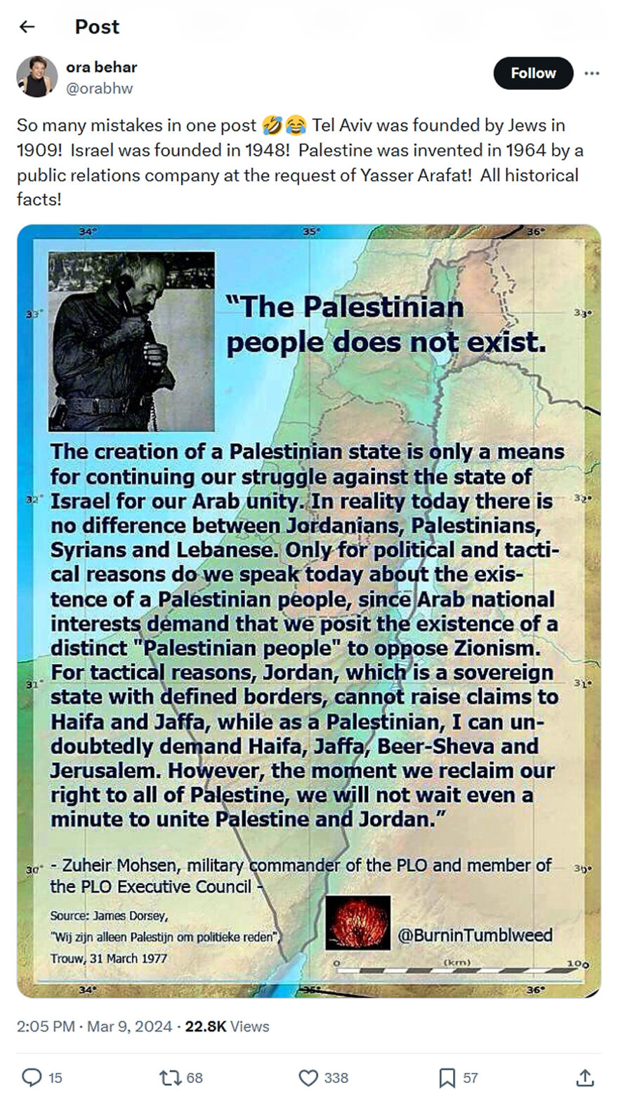 ora behar-tweet-9March2024-Palestine was invented in 1964
