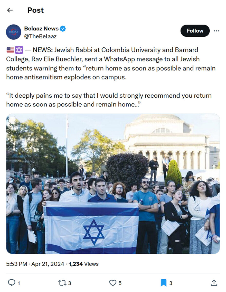 Belaaz News-tweet-21April2024-Jewish students at Colombia University Return home as soon as possible and remain home