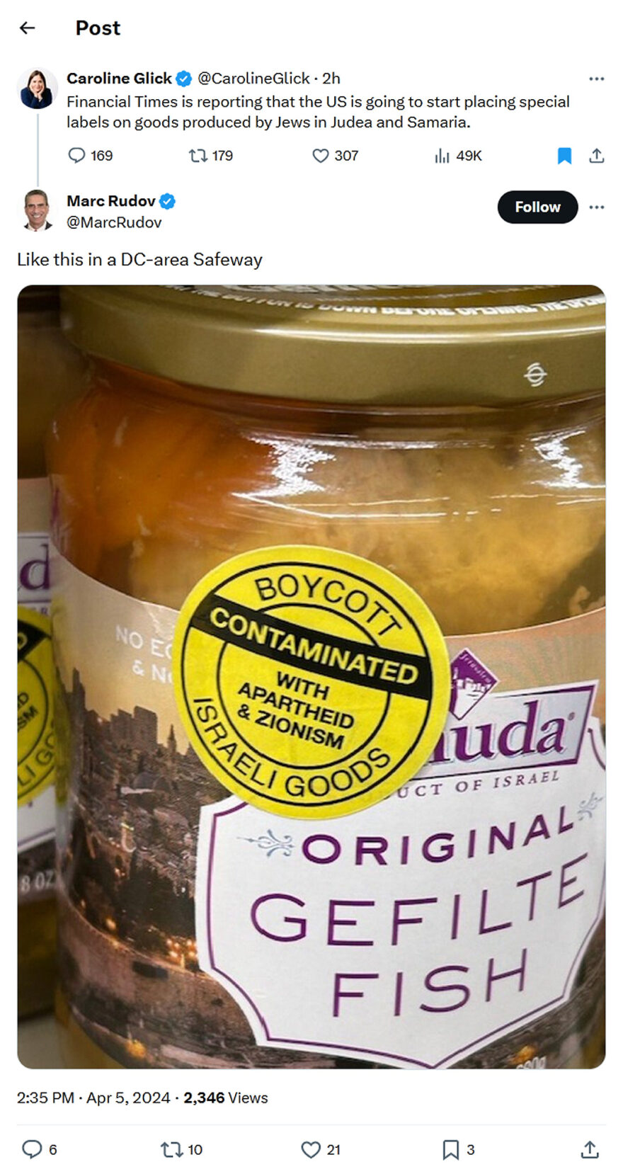 Caroline Glick-tweet-5April2024-US to start placing special labels on goods produced by Jews in Judea and Samaria