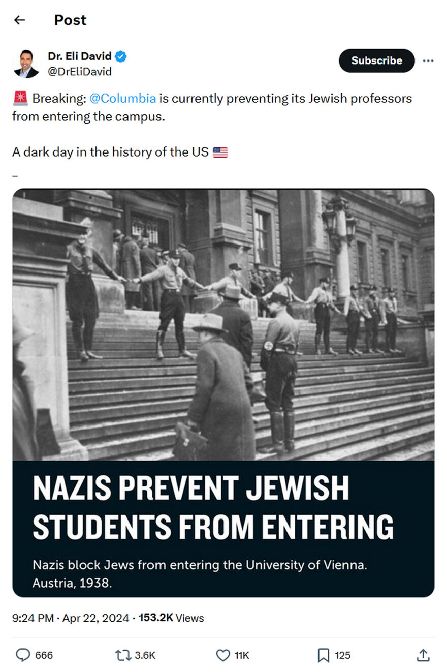 Dr. Eli David-tweet-22April2024-Columbia is preventing its Jewish professors from entering the campus