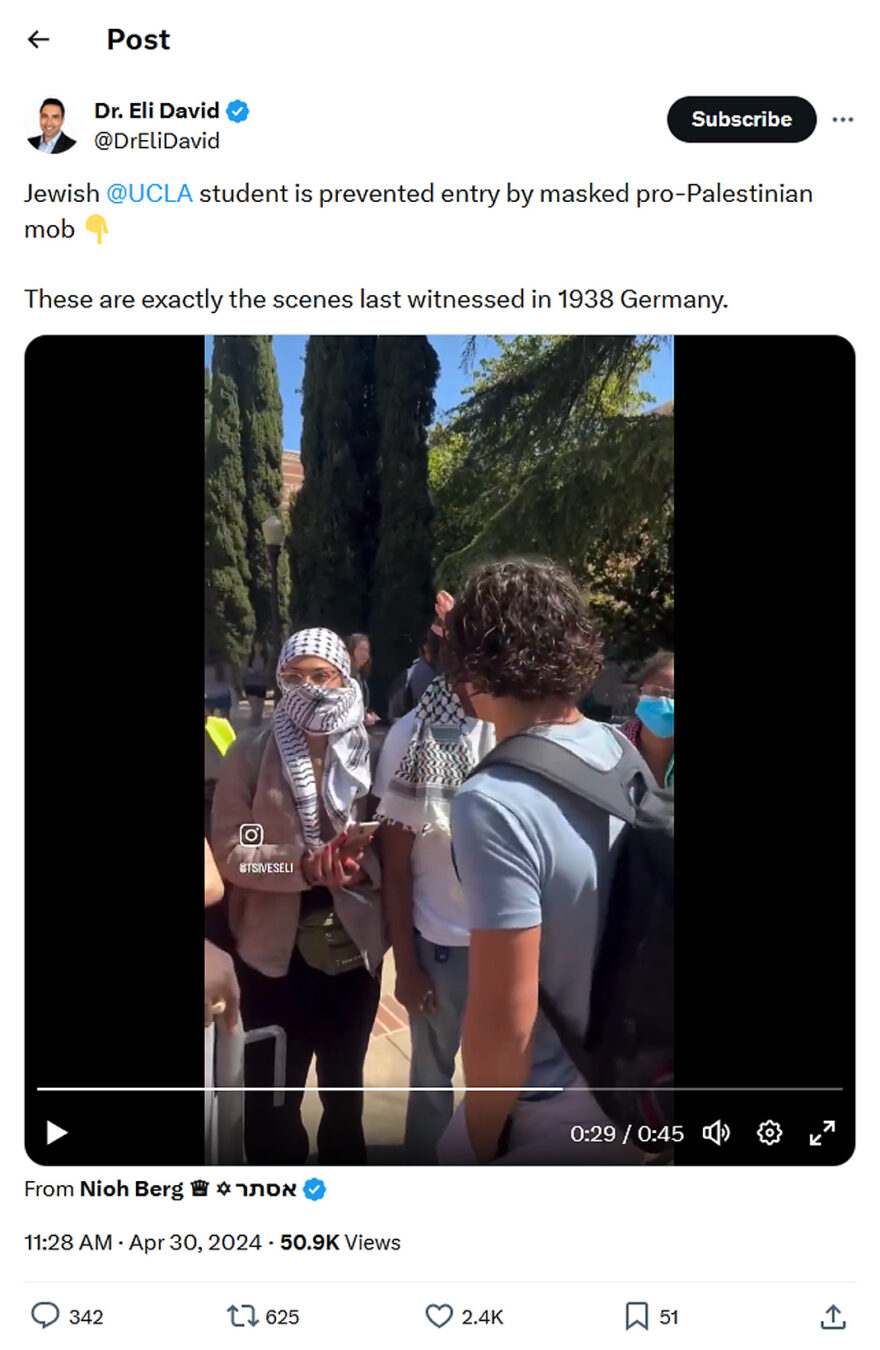Dr. Eli David-tweet-30April2024-Jewish UCLA student is prevented entry
