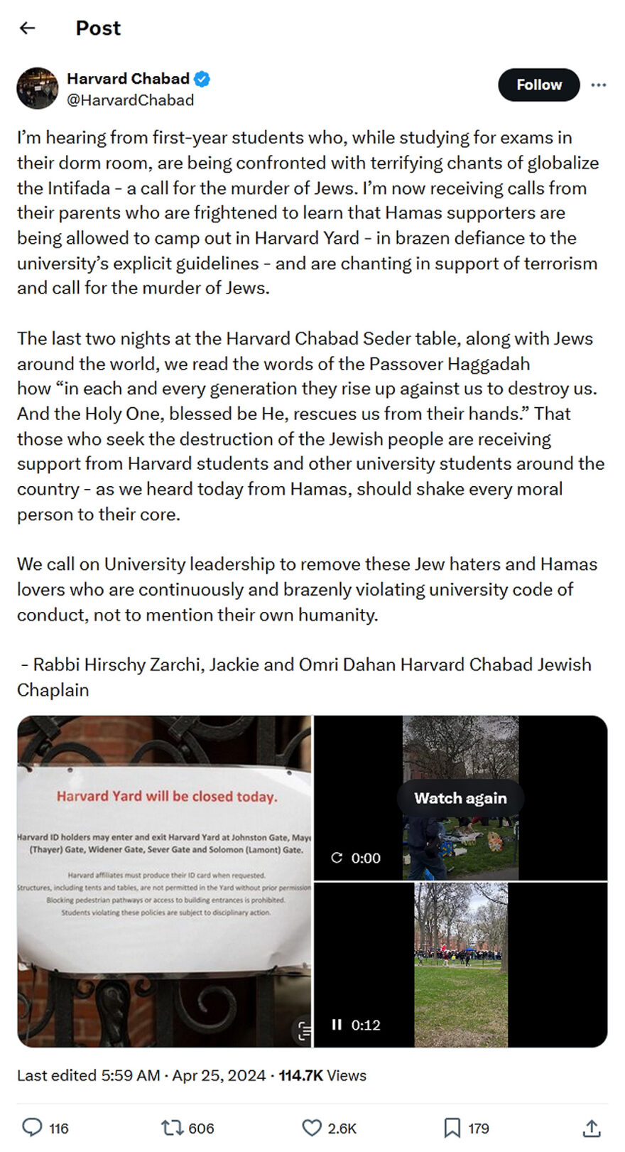 Harvard Chabad-tweet-25April2024-Harvard Passover 2024