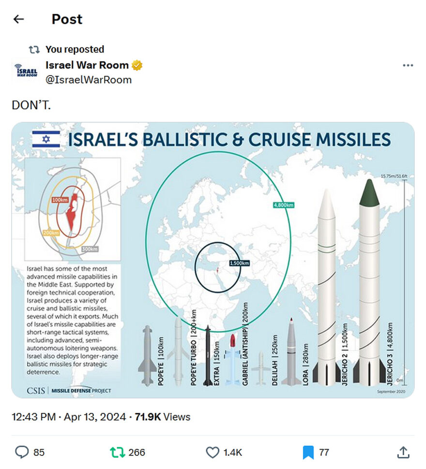 Israel War Room-tweet-13April2024-Israel's Ballistic & Cruise Missiles