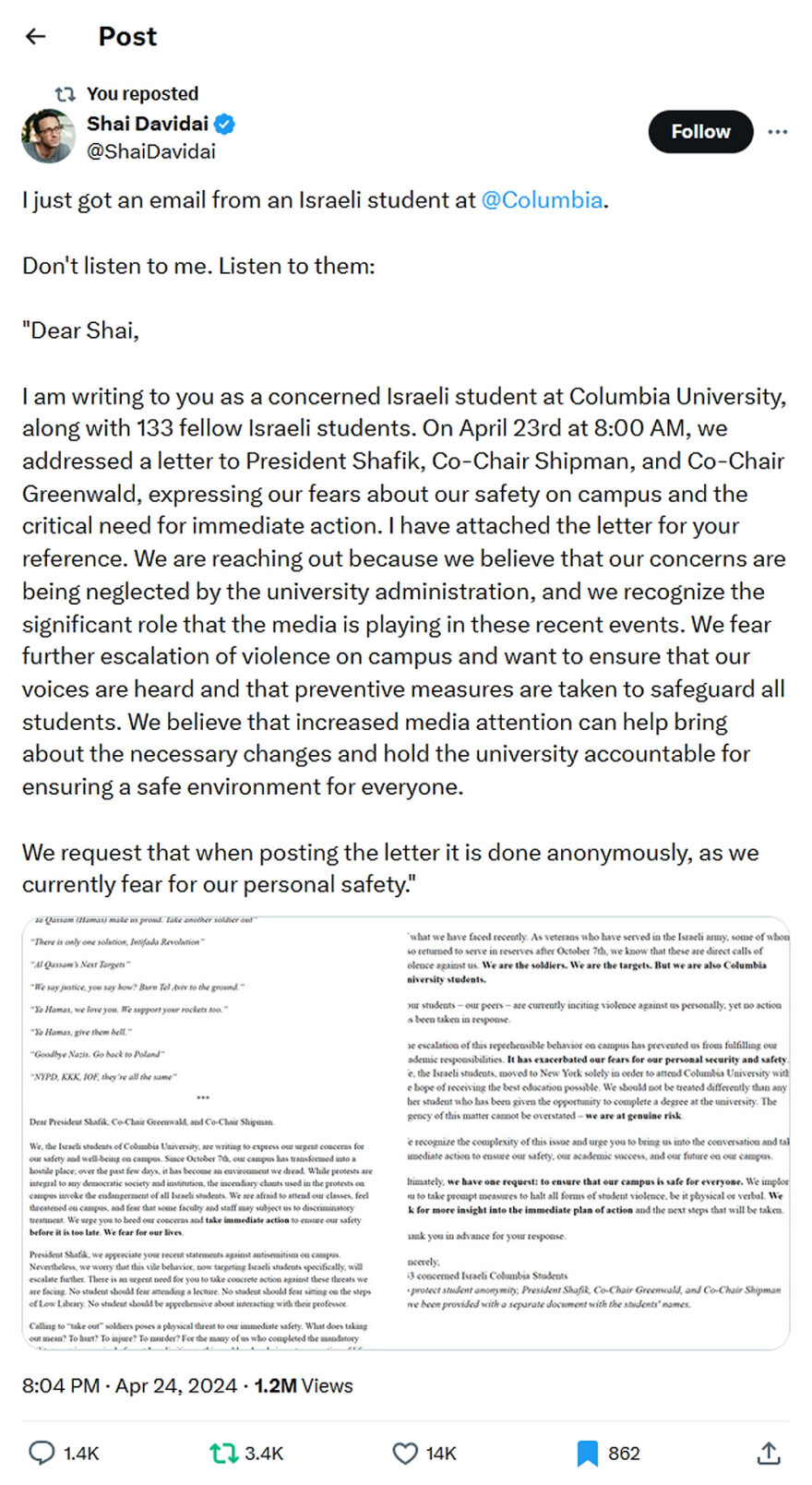 Shai Davidai-tweet-24April2024-Israeli student at Columbia