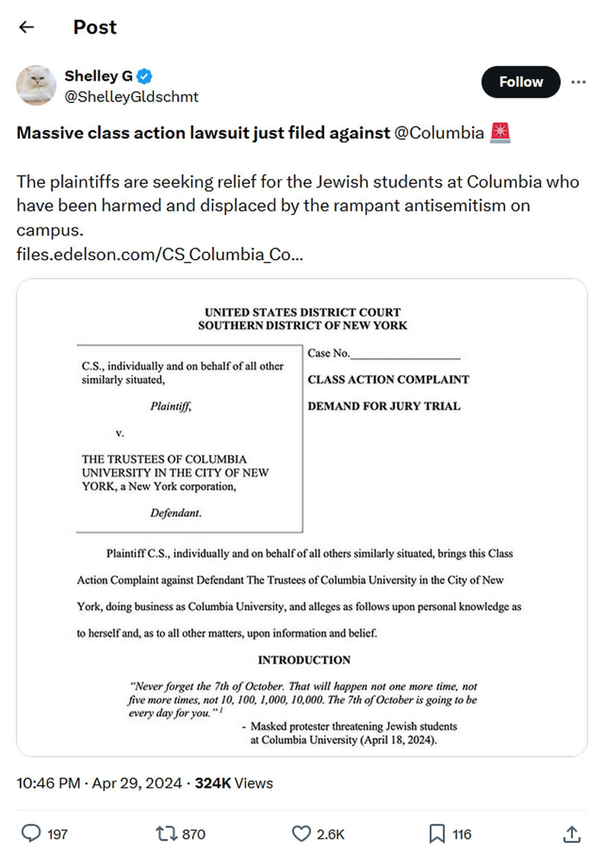 Shelley G-tweet-29April2024-Massive class action lawsuit just filed against Columbia