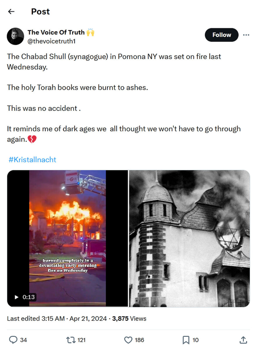 The Voice Of Truth-tweet-21April2024-Chabad Shul-Pomona NY-Arson-17April2024