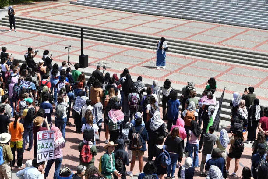 UC Berkeley law student Malak Afaneh speaks to a large crowd of pro-Palestinian protesters during a protest on the campus of UC Berkeley in Berkeley, Calif., Monday, April 22, 2024. AP