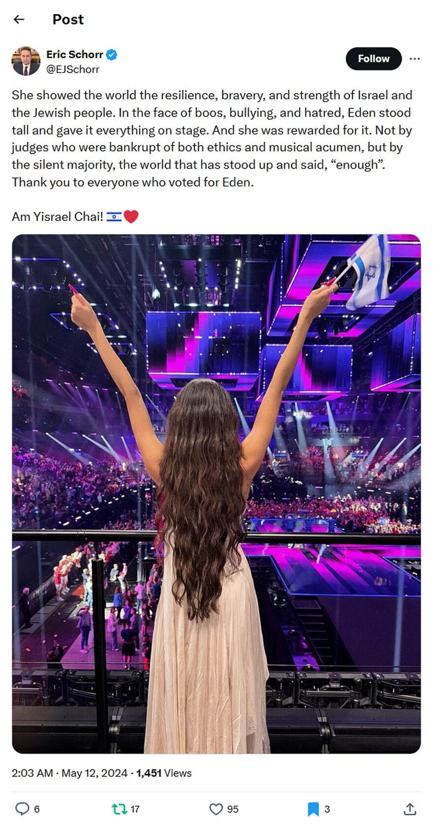 Eric Schorr-tweet-11May2024-Eden Golan showed the world the resilience bravery and strength of Israel Eurovision 2024
