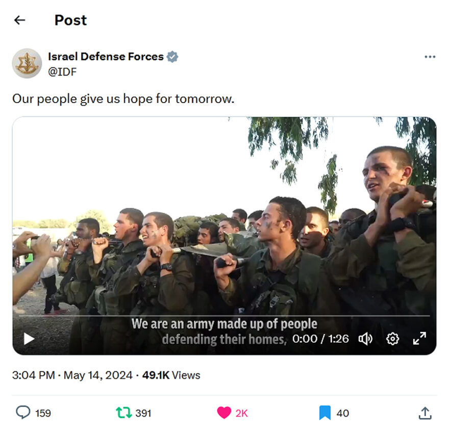 Israel Defense Forces-tweet-14May2024-Our people give us hope for tomorrow.