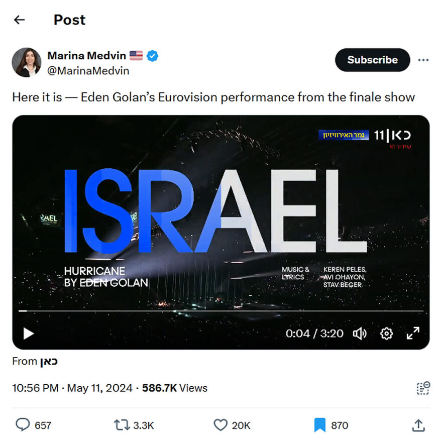 Marina Medvin-tweet-11May2024-Eden Golan’s Eurovision2024 performance
