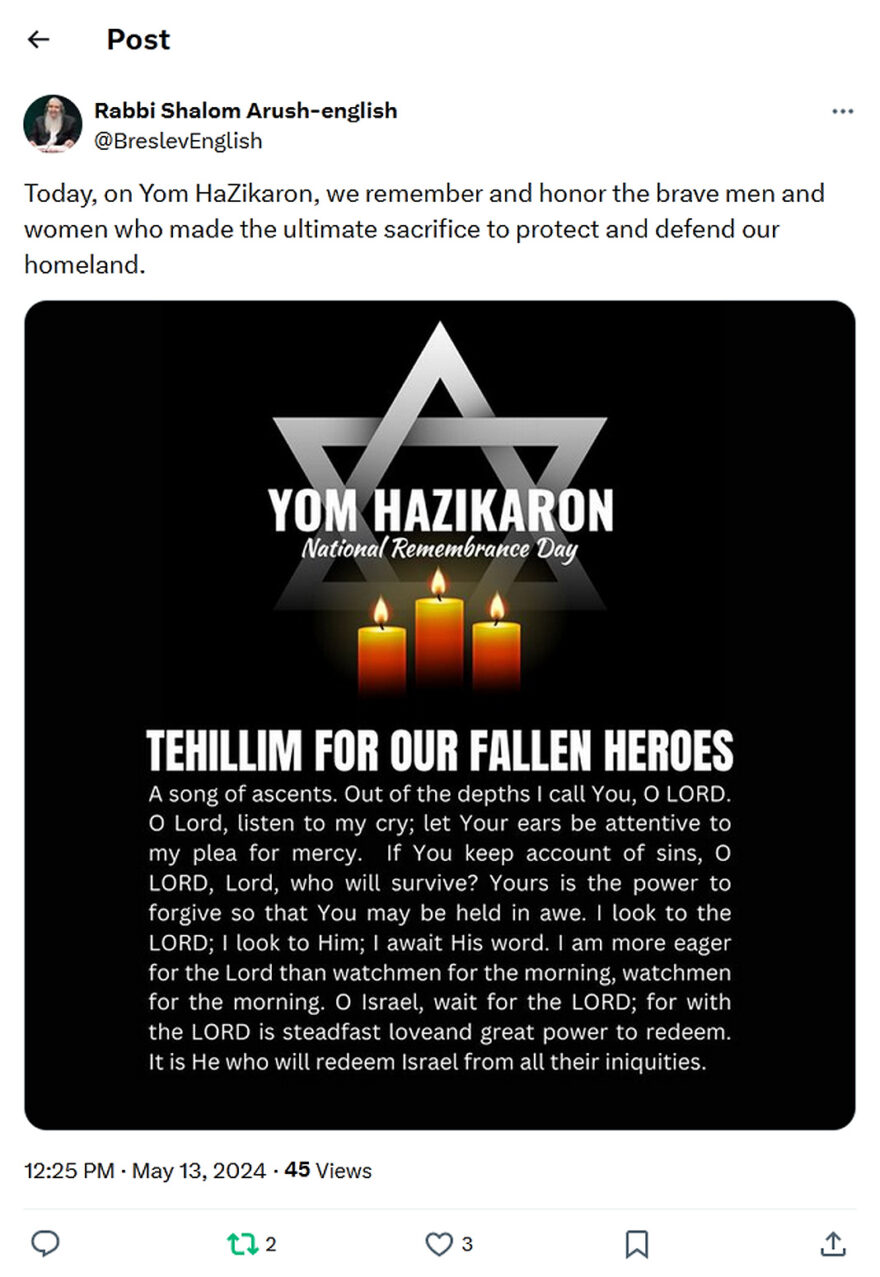 Rabbi Shalom Arush-english-tweet-13May2024-Yom HaZikaron, we remember and honor the brave men and women