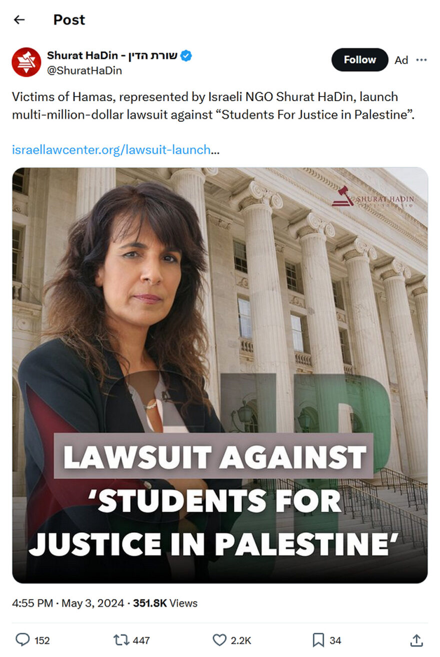 Shurat HaDin-tweet-3May2024-Shurat HaDin sues Students For Justice in Palestine