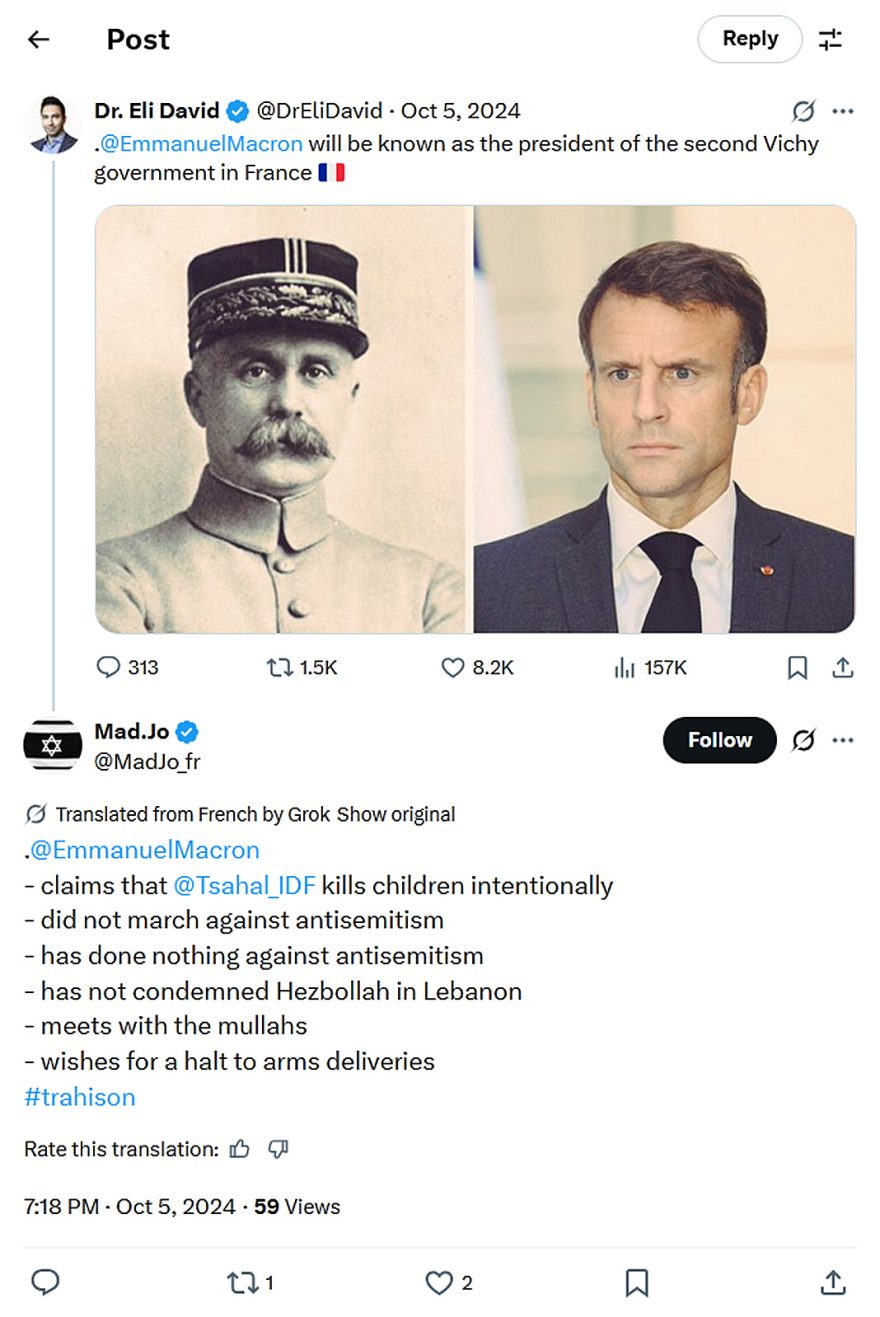 Dr. Eli David-tweet-5October2024-Emmanuel Macron President Second French Vichy government